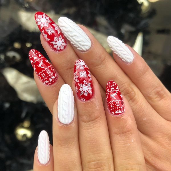 White and red Christmas nails